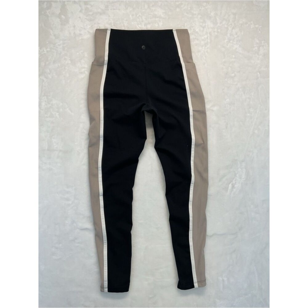 Danskin Leggings Womens S Black Taupe Ribbed Side Pocket High Rise Yoga Pants